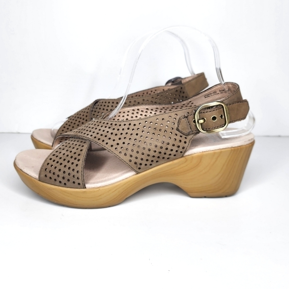 Dansko Jacinda Sandals Heels Buckles Leather Faux Wood Soles 40